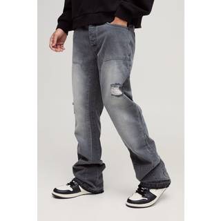 Mens Light Grey Slim Rigid Flare Carpenter Ripped Gusset Denim Jeans