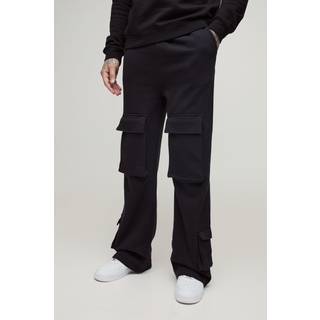Mens Black Tall Heavyweight Relaxed Flare Cargo Joggers