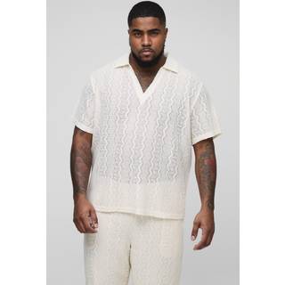 Mens Ecru Plus Zig Zag Crochet Oversized Polo Shirt