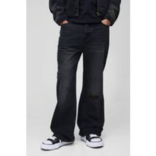Mens Relaxed Flare Washed Black Ripped Knee Jeans