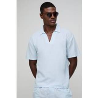 Mens Light Blue Oversized V-Neck Overhead Linen Blend Shirt