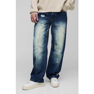 Mens Mid Blue Relaxed Rigid Distressed Panelled Crinkle Wash Denim Jeans