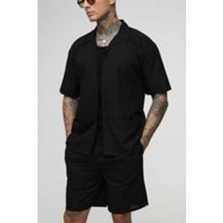 Mens Black Tall Oversized Linen Deep Pocket Shirt & Short Set