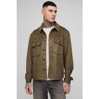 Mens Khaki Tall Bonded Faux Suede Cargo Oversized Overshirt