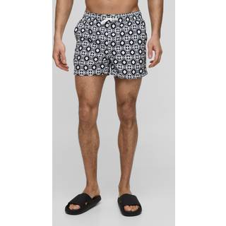 Mens Black Short Length Geo Print Swim Shorts