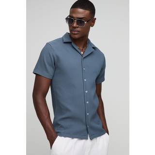 Mens Slate Blue Slim Fit Revere Pleated Shirt