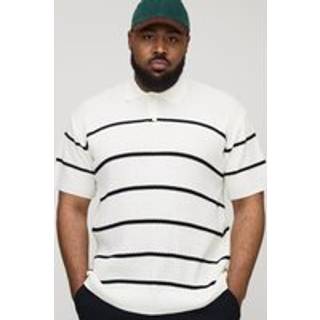 Mens White Plus Stripe Ribbed Knit Polo
