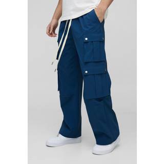 Mens Navy Wide Leg Ripstop Multi Pocket Cargo Trousers