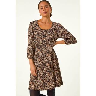 Roman Roman Brown Petite Paisley Print Button Stretch Dress