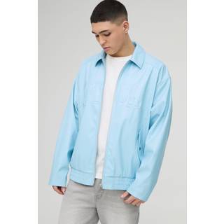 Mens Light Blue Official Oversized PU Embossed Collard Bomber Jacket