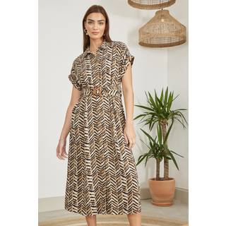 Yumi Yumi Brown Abstract Animal Print Relaxed Midi Shirt Dress With Belt