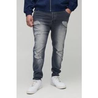 Mens Mid Grey Plus Skinny Ripped Stretch Jeans