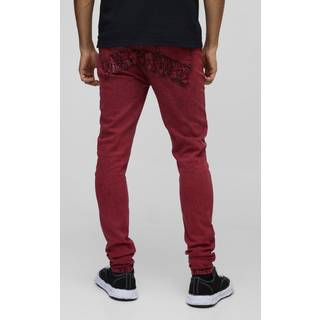 Mens Red Skinny Stretch Acid Wash Applique Denim Jeans