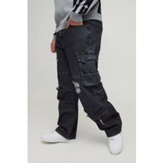 Mens Washed Black Plus Distressed Cargo Relaxed Fit Jeans