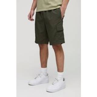Mens Dark Green Elasticated Waist Relaxed Mid Length Crinkle Nylon Cargo Shorts