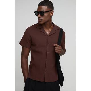 Mens Chocolate Regular Fit Seersucker Crinkle Revere Shirt