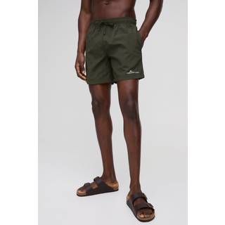 Mens Dark Green Elasticated Waist Relaxed Short Length Crinkle Nylon Embroidery Shorts