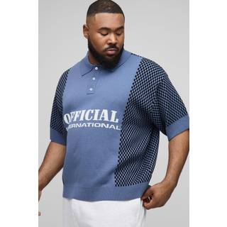 Mens Navy Plus Contrast Edge Open Knit Boxy Oversized Polo Shirt