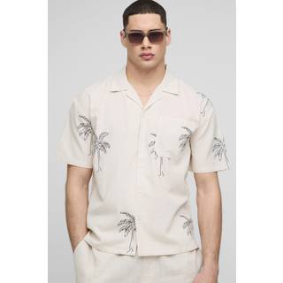 Mens Ecru Oversized Linen Blend Palm Printed Short Sleeve Shirt