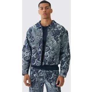 Mens Mid Blue Boxy Floral Jacquard Denim Jacket