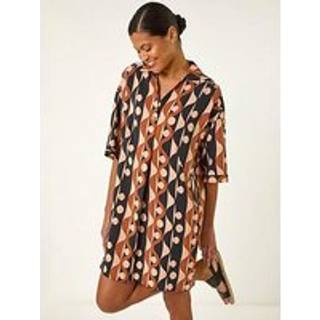 Roman Roman Brown Geometric Collared Shirt Dress