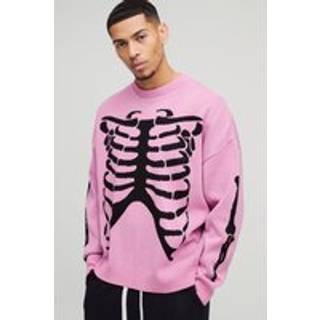 Mens Pink Oversized Drop Shoulder Skeleton Print Knitted Jumper