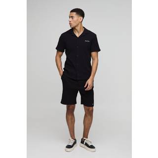 Mens Black Atelier Homme Regular Fit Seersucker Crinkle Revere Shirt & Short Set