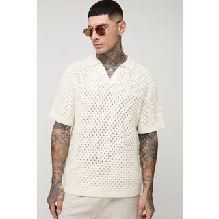 Mens Ecru Tall Oversized Chunky Crochet V Neck T-Shirt