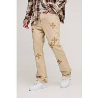 Mens Stonewash Tall Cross Applique Gusset Detail Slim Flared Jeans