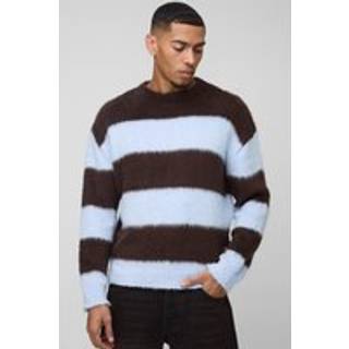 Mens Brown Oversized Boxy Stripe Brushed Knitted Jumper