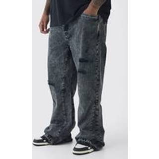 Mens Washed Black Plus Slim Rigid Flare Distressed Gusset Panel Acid Washed Jeans