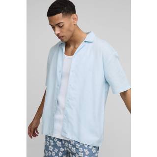 Mens Light Blue Oversized Revere Linen Blend Short Sleeve Shirt
