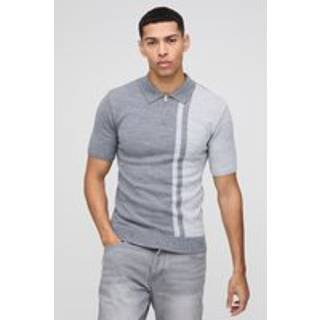Mens Grey Muscle Fit Short Sleeve Colour Block Knitted Polo