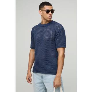 Mens Slate Blue Regular Fit Open Stitch Knitted T-Shirt