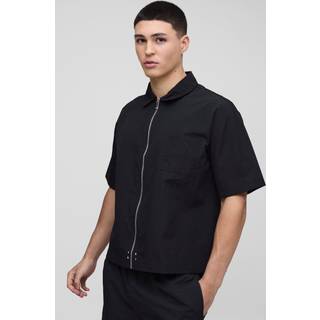 Mens Black Oversized Crinkle Nylon Zip Up Shirt