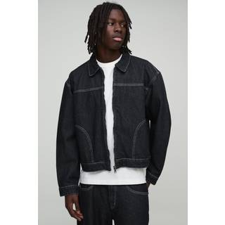 Mens Black Boxy Contrast Stitch Denim Jacket