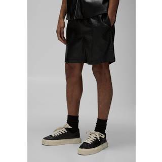 Mens Black Relaxed Fit Elasticated Waist PU Checkerboard Short