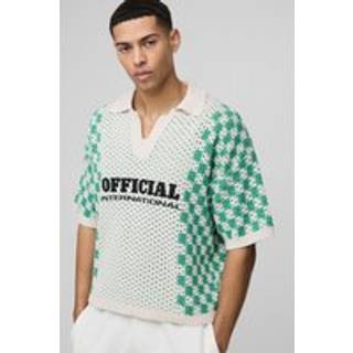 Mens Ecru Official Oversized Boxy Football Open Stitch Knitted Polo