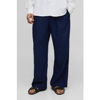 Mens Navy Half & Half Waistband Wide Fit Pleat Front Linen Blend Trousers