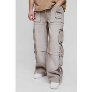 Mens Stone Tall Baggy Rigid Multi Pocket Strap Detail Cargo Jeans