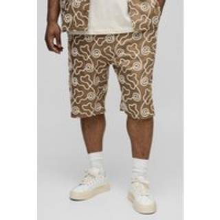 Mens Tan Plus All Over Embroidery Relaxed Fit Shorts