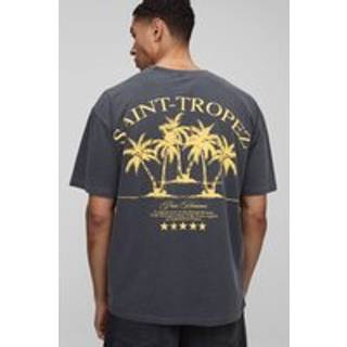Mens Charcoal Oversized Saint Tropez Palm Tree Washed T-Shirt