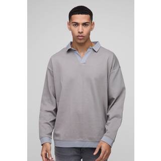 Mens Charcoal Regular Fit Contrast Interlock Revere Rugby Polo