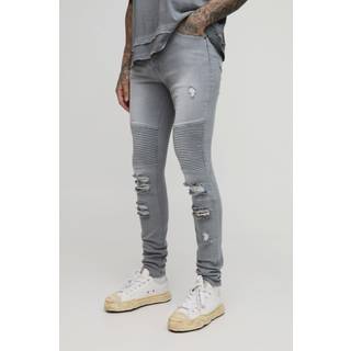 Mens Mid Grey Tall Super Skinny Distressed Biker Jeans
