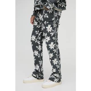 Mens Grey Tall Floral Tapestry Stacked Flared Trousers