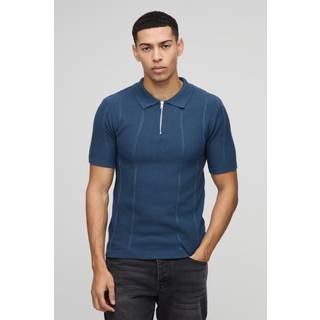 Mens Slate Blue Muscle Fit Zip Neck Ribbed Panelled Knitted Polo