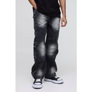 Mens Washed Black Relaxed Rigid Panelled Denim Jeans