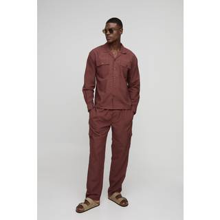 Mens Chocolate Oversized Linen Blend Look Cargo Pocket Shirt & Trouser Set