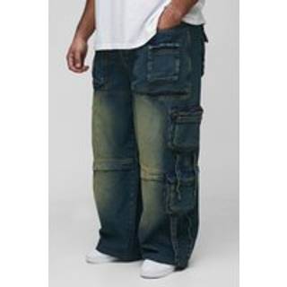 Mens Mid Wash Plus Baggy Rigid Multi Pocket Strap Detail Cargo Jeans