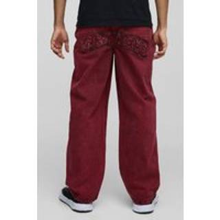 Mens Red Relaxed Rigid Acid Wash Applique Denim Jeans